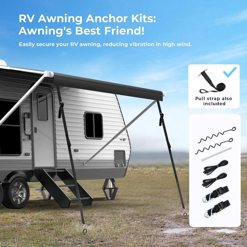 Fonzier RV Awning Fabric Replacement, 19.5oz Heavy Duty Vinyl, with Tie Down Kits & 7 Hooks & Pull Strap for Trailer Camper Awning- 10'(Fabric 9'2"), Black Gray Fade - Image 5